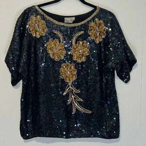 Vintage 80s Cee Cee All Over Sequin Floral Daisy Black Top E18